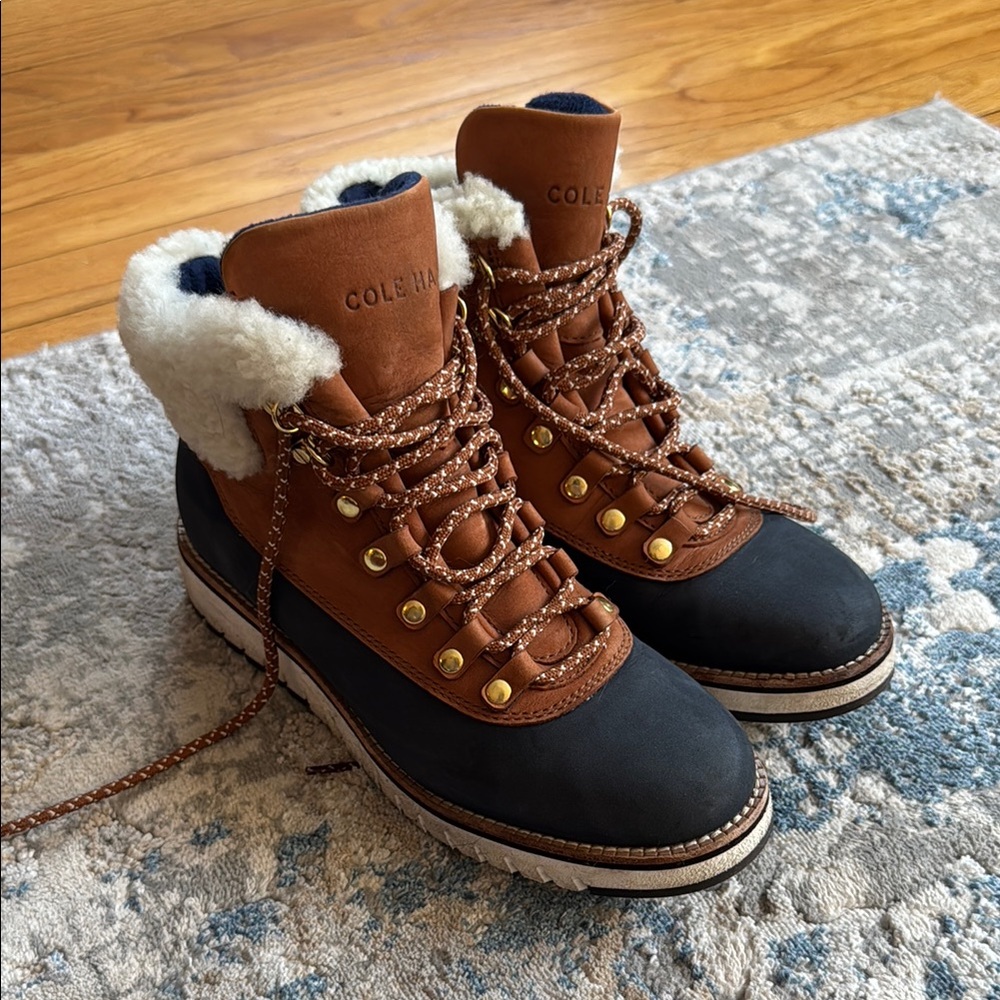 Cole Haan Brown and Black Leather Shearling-Lined Hiker Boots